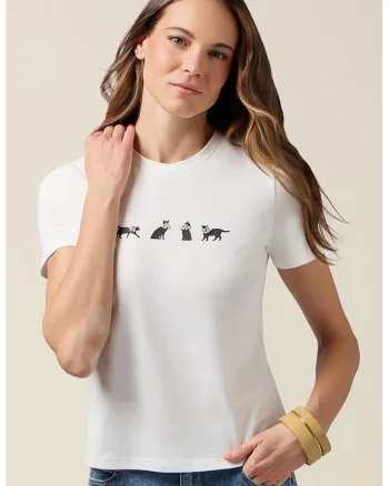 Tricou cu decolteu la baza gatului si detalii cu pisica, Alb/Negru