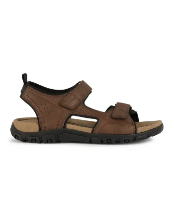 Sandale de piele ecologica cu velcro, Maro inchis/Negru