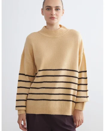 Pulover lejer cu model cu dungi, Maro camel