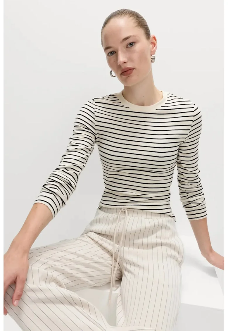 Bluza slim-fit cu decolteu la baza gatului, Alb/Negru