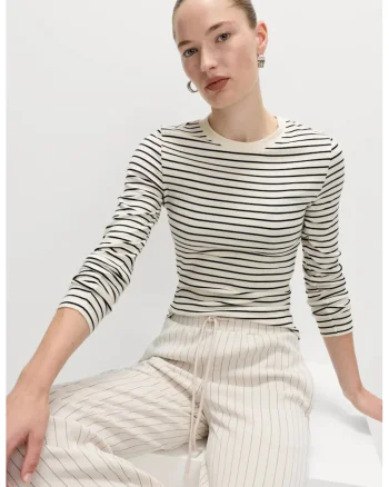 Bluza slim-fit cu decolteu la baza gatului, Alb/Negru
