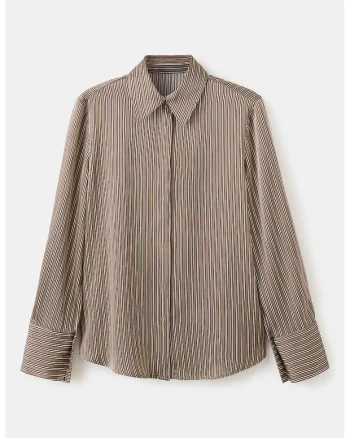 Camasa cu model in dungi si guler clasic, Alb/Maro camel