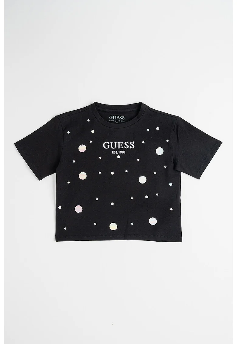 Tricou din amestec de bumbac cu logo si aplicatii, Negru/Argintiu