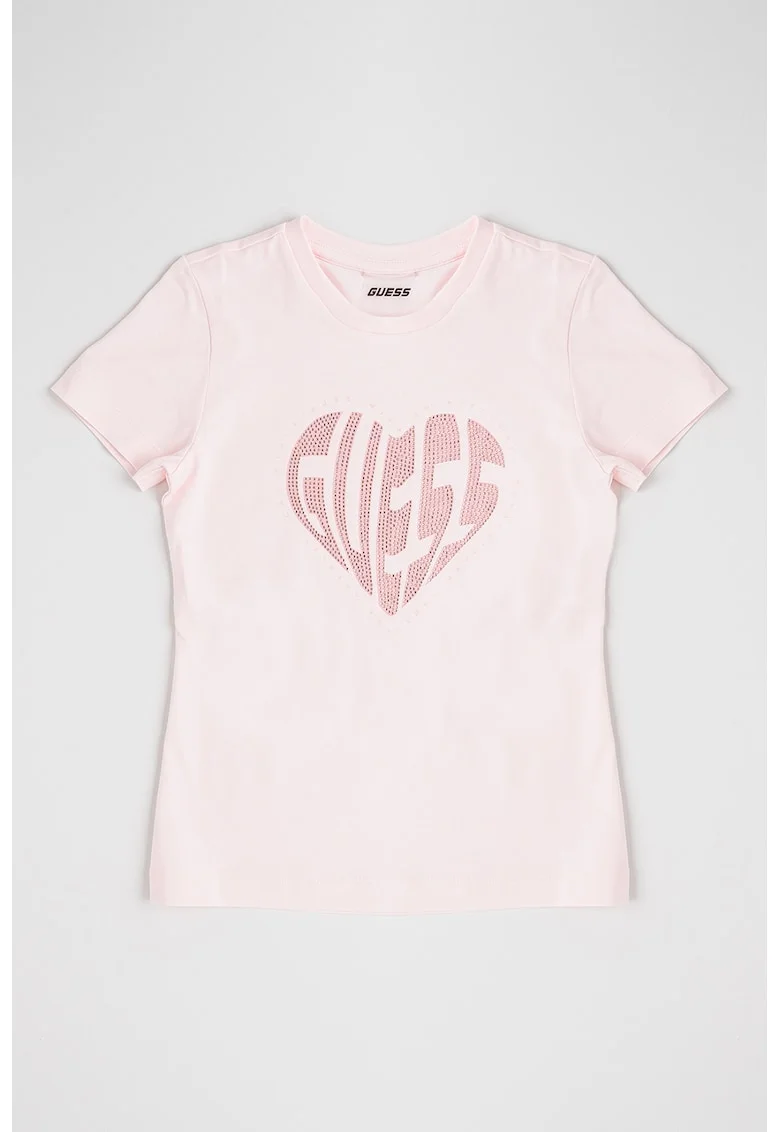 Tricou din amestec de bumbac cu logo din strasuri, Roz pal