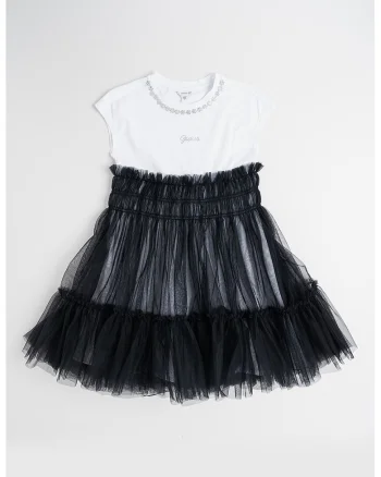 Rochie cu model 2in1, strasuri si tul, Alb/Negru