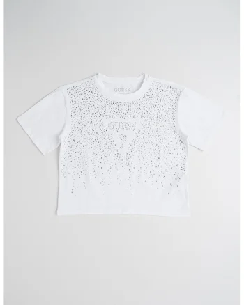 Tricou din amestec de bumbac cu strasuri, Alb/Transparent