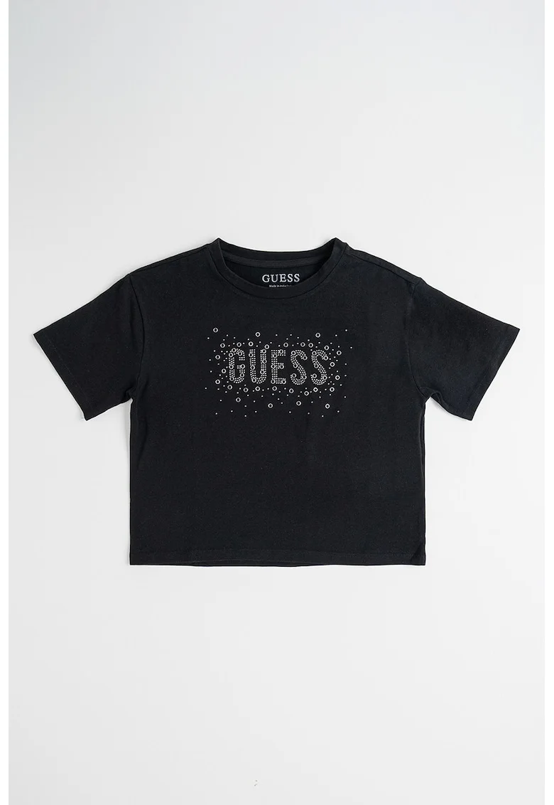 Tricou cu decolteu la baza gatului si imprimeu logo, Negru