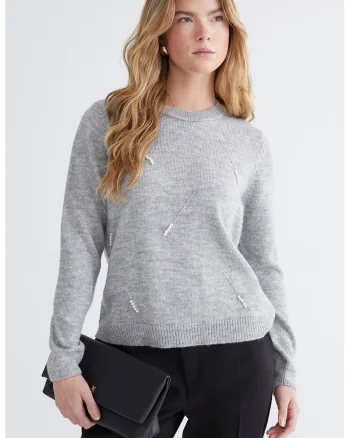 Pulover regular fit cu decolteu la baza gatului, Gri melange