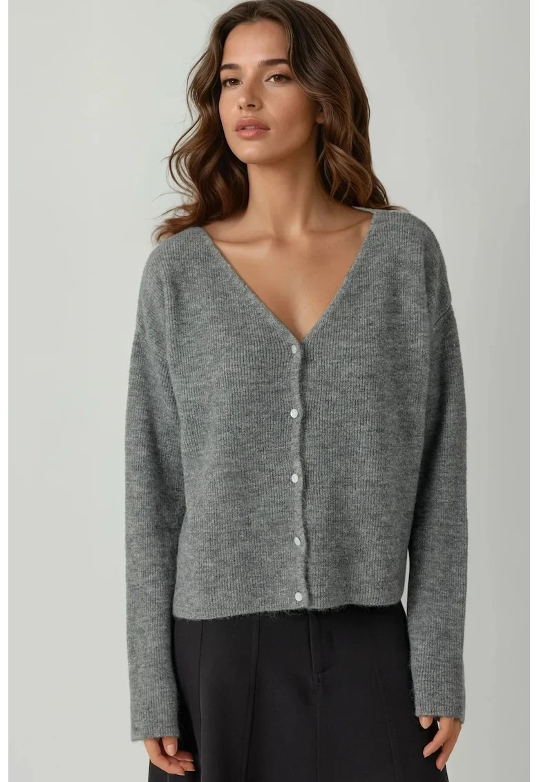 Cardigan Femei  decolteu in V, Gri carbune, tricot