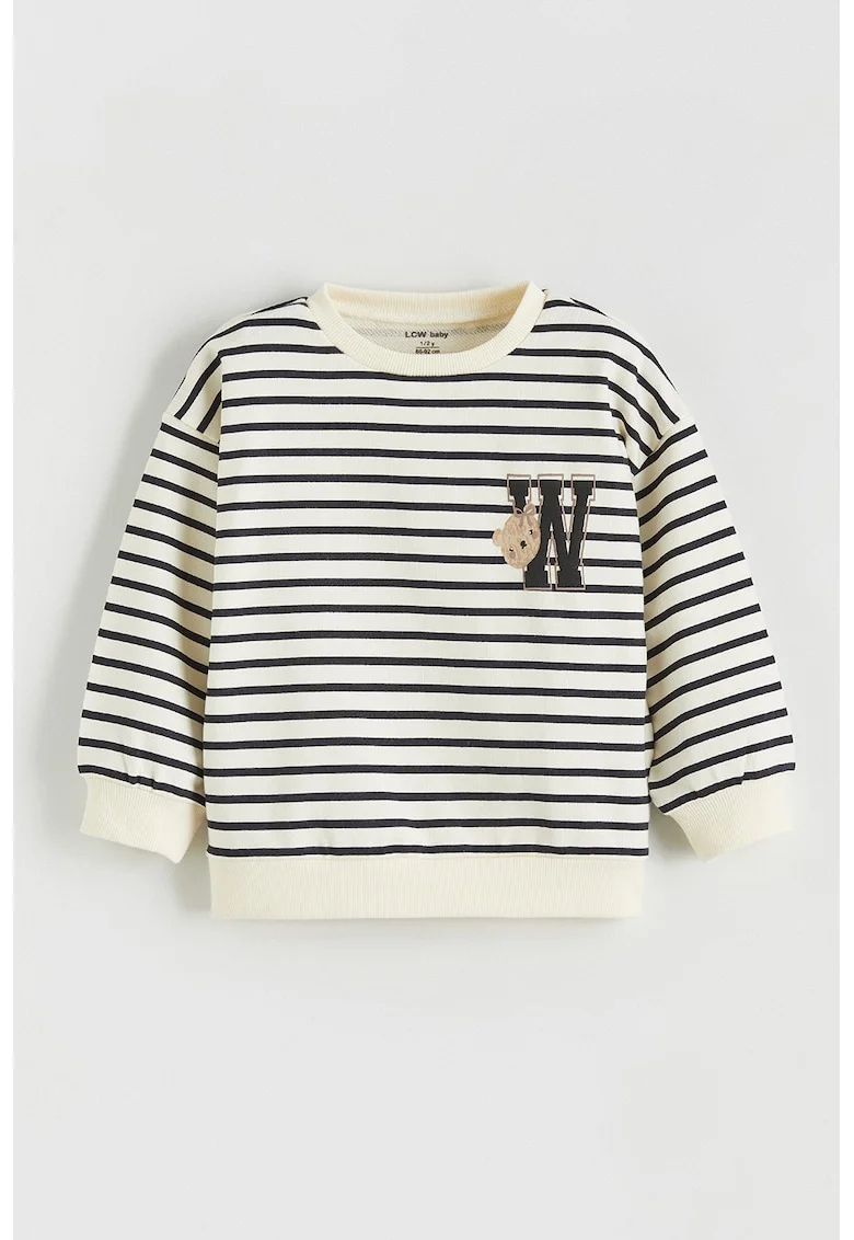 Bluza de trening cu dungi si decolteu la baza gatului, Negru/Crem