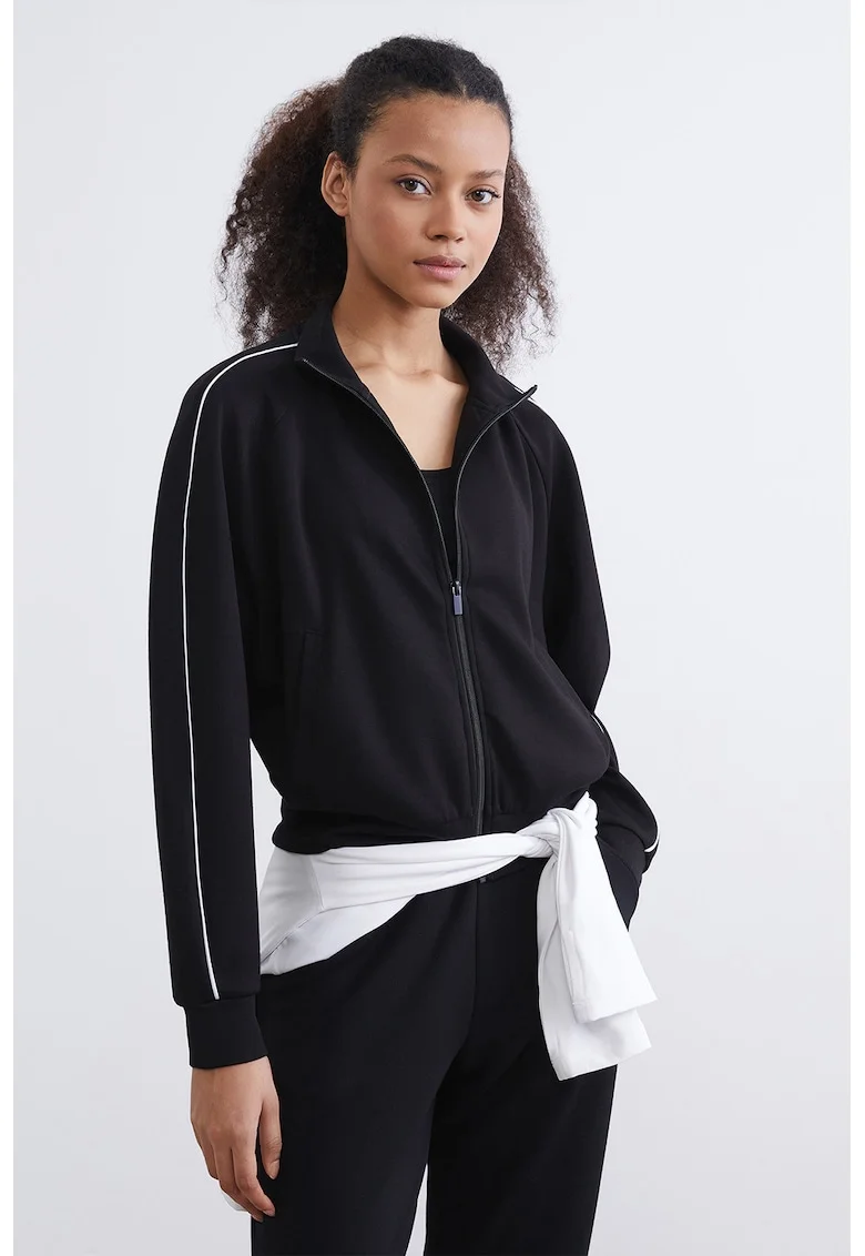 Bluza de trening cu fermoar si buzunare oblice, Negru