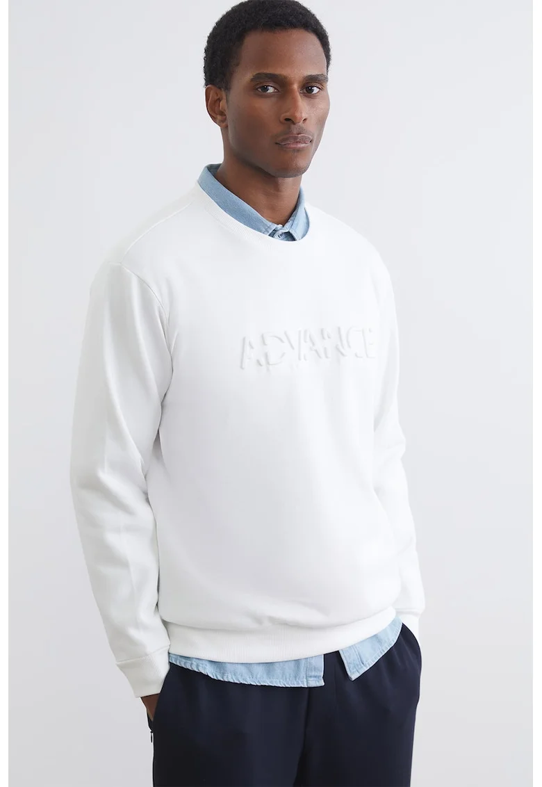 Bluza de trening din amestec de bumbac cu text in relief, Alb