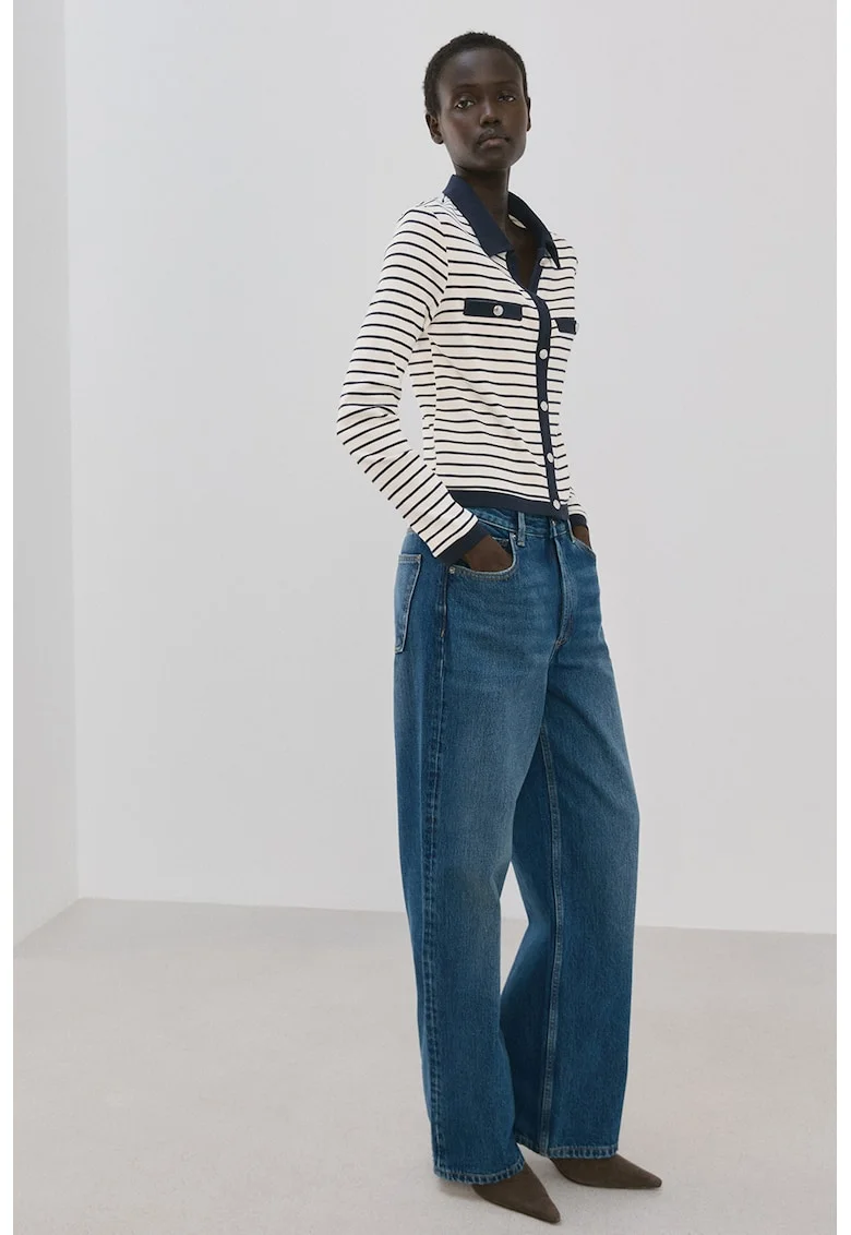 Cardigan cu guler polo si model in dungi, Alb/Bleumarin