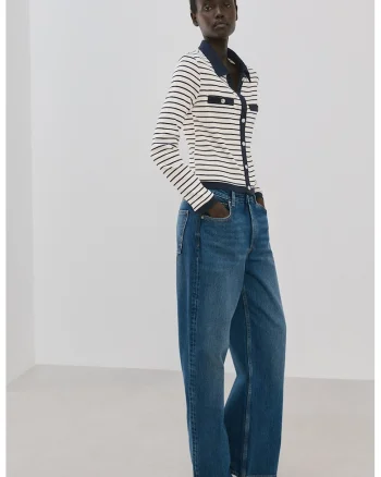 Cardigan cu guler polo si model in dungi, Alb/Bleumarin