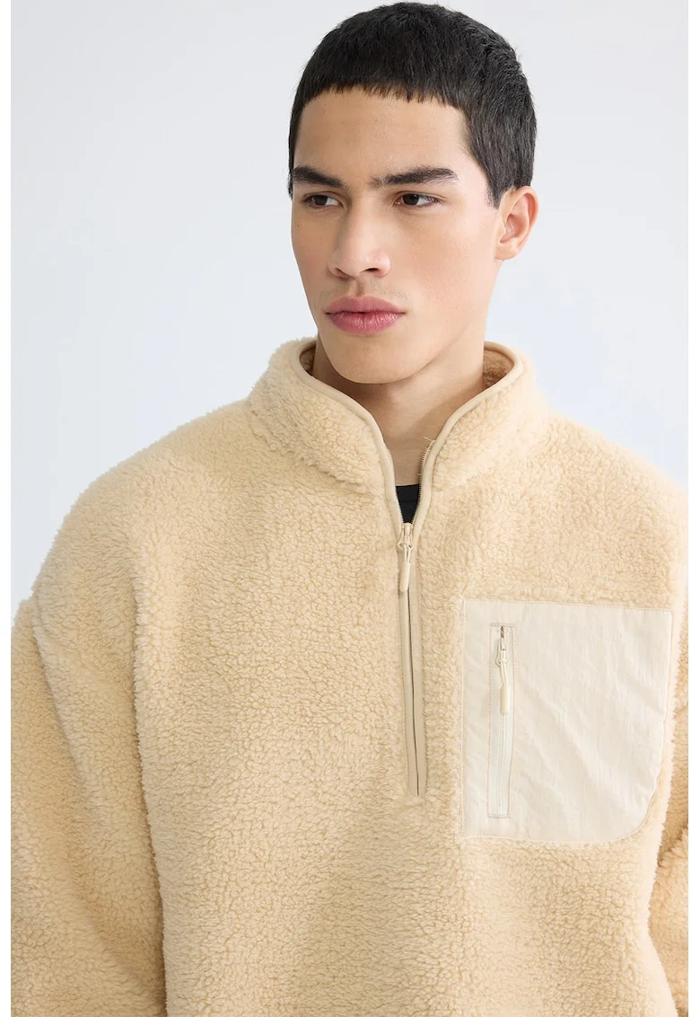 Bluza de trening din material teddy cu fenta cu fermoar, Maro taupe deschis