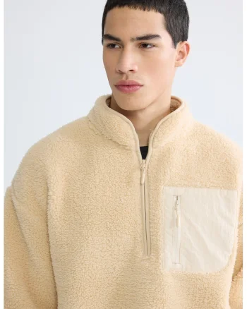 Bluza de trening din material teddy cu fenta cu fermoar, Maro taupe deschis