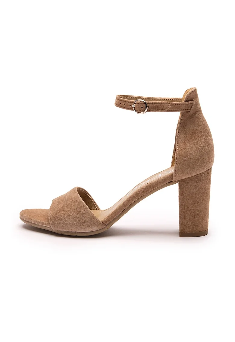 Sandale din piele intoarsa cu catarama, Maro camel