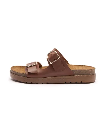 Papuci din piele cu catarame Grace, Maro cognac