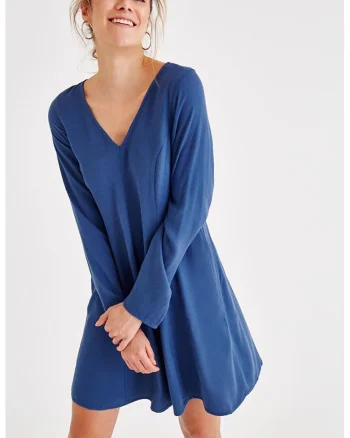 Rochie evazata din catifea cu decolteu in V, Albastru
