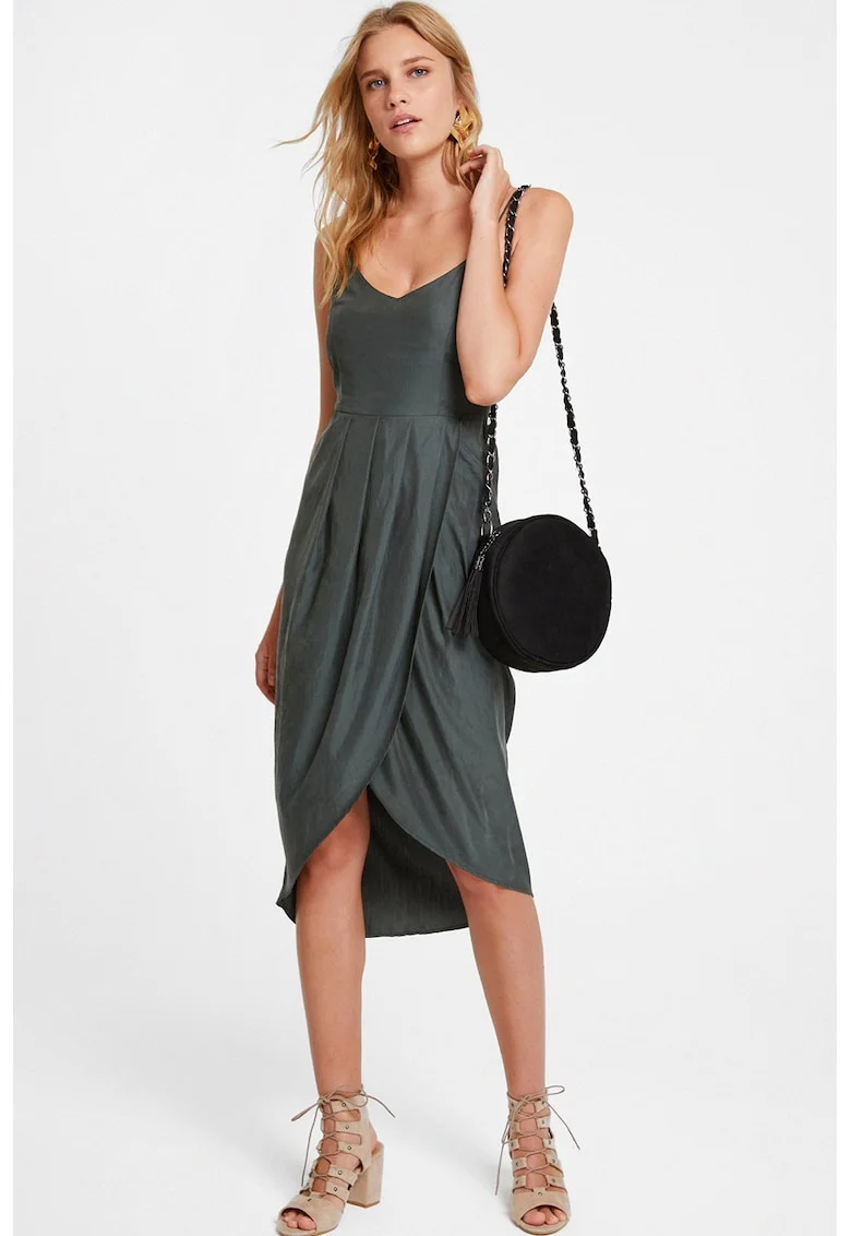 Rochie din amestec de lyocell cu croiala lalea, Verde padure