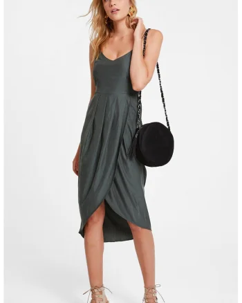 Rochie din amestec de lyocell cu croiala lalea, Verde padure