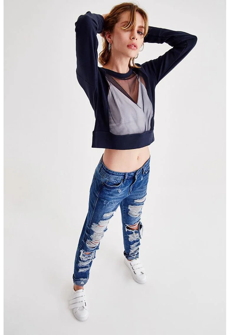 Bluza de trening crop cu insertie din plasa, Bleumarin
