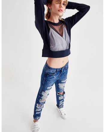 Bluza de trening crop cu insertie din plasa, Bleumarin