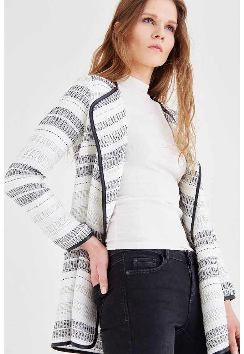 Cardigan fara inchidere cu model in dungi, Alb/Negru