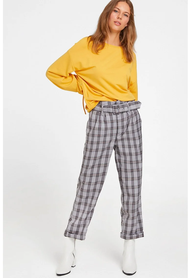 Pantaloni crop cu model in carouri, Negru/Bej/Gri cenusiu