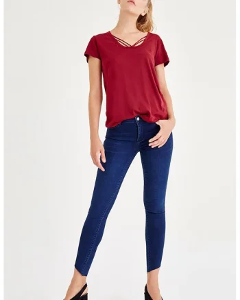 Blugi skinny cu terminatie franjurata, Albastru inchis