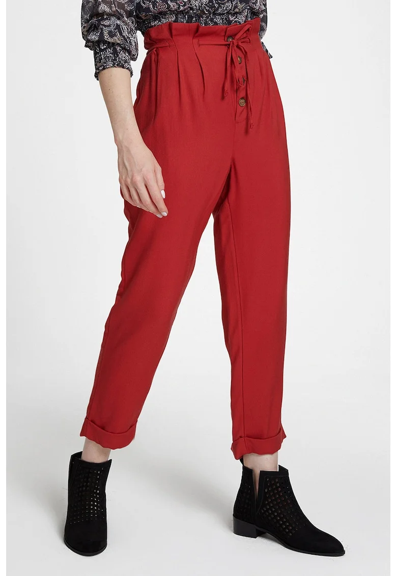 Pantaloni crop cu talie inalta si model in carouri, Rosu inchis