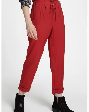 Pantaloni crop cu talie inalta si model in carouri, Rosu inchis