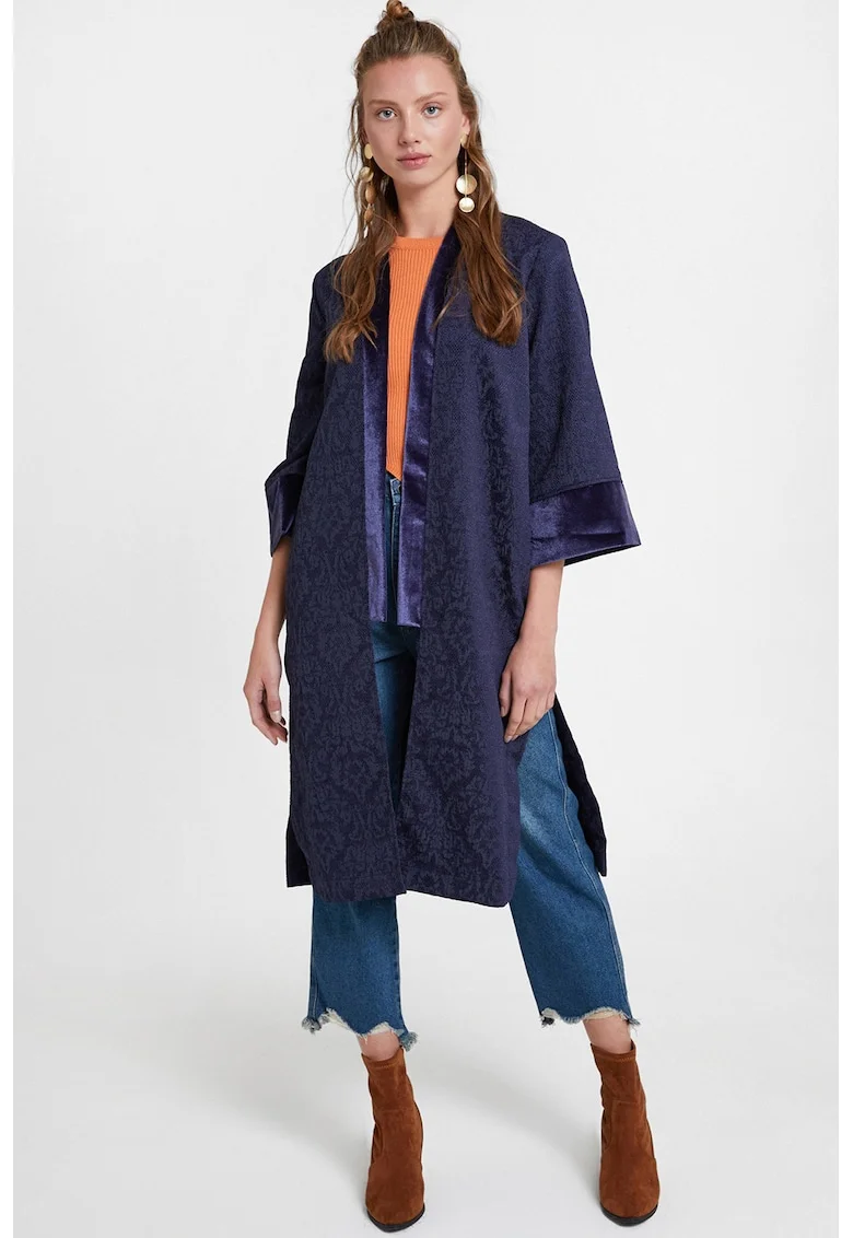 Sacou-chimono din catifea si material jacquard, Bleumarin