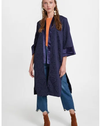 Sacou-chimono din catifea si material jacquard, Bleumarin