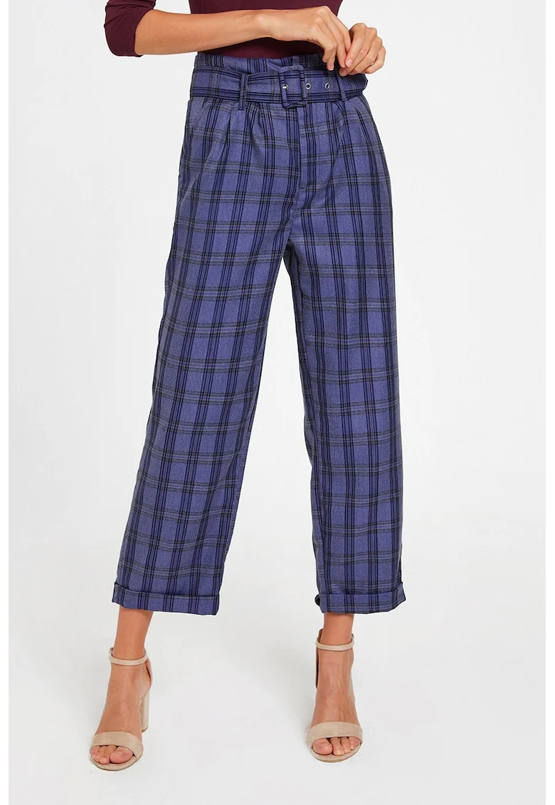 Pantaloni crop cu model in carouri, Negru/Albastru indigo