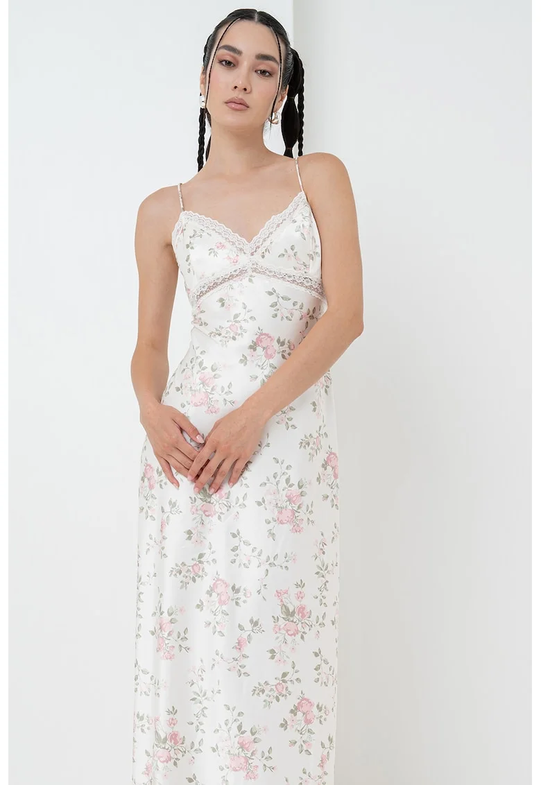 Rochie-furou maxi din satin cu detalii de dantela, Verde pal/Roz prafuit