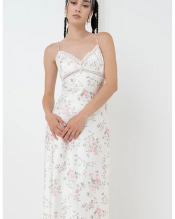 Rochie-furou maxi din satin cu detalii de dantela, Verde pal/Roz prafuit