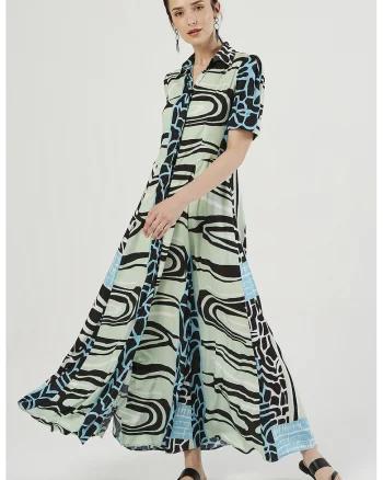 Rochie-camasa cu croiala evazata si buzunare, Negru/Verde pal/Albastru