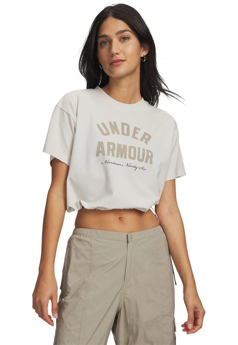 Tricou crop cu croiala lejera si imprimeu logo, Bej deschis