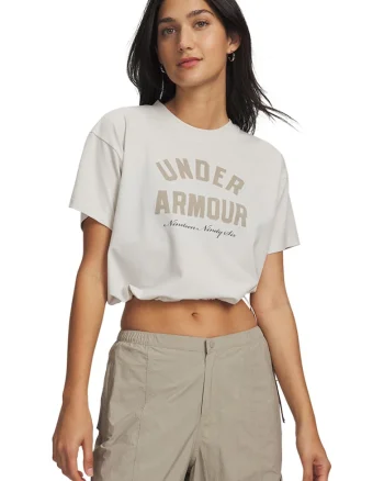 Tricou crop cu croiala lejera si imprimeu logo, Bej deschis
