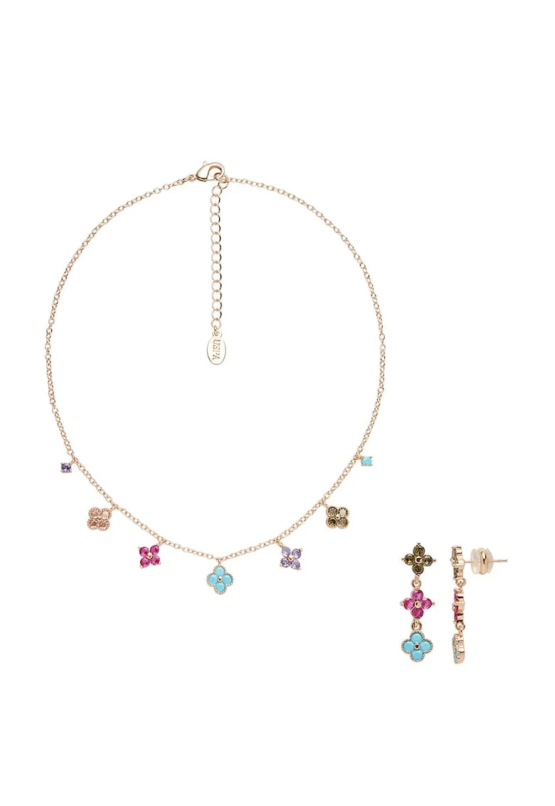 Set de cercei si colier din metal cu pandantive cu cristale in forma de floare, Roz/Albastru/Bronz