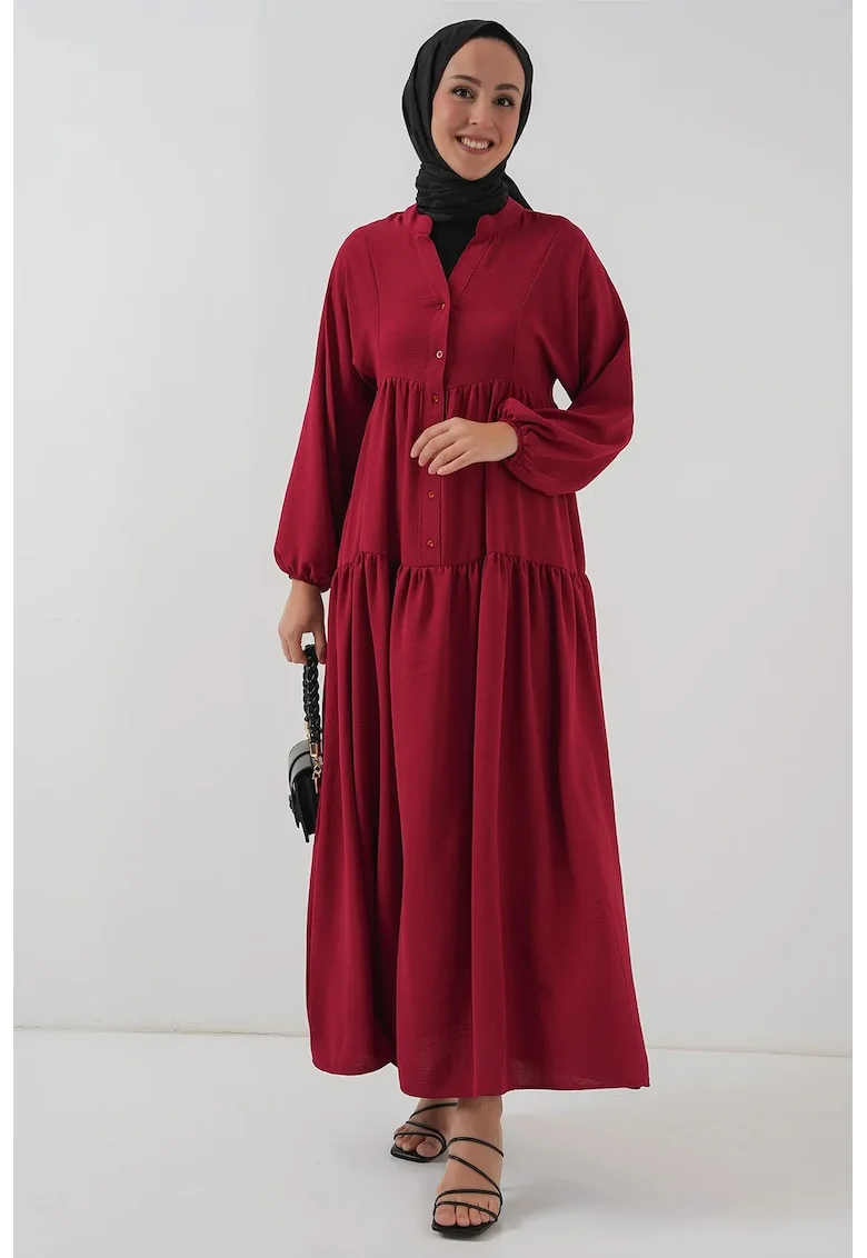 Rochie Maxi  decolteu in V, croiala lejera, rosu burgund, poliester-elastan