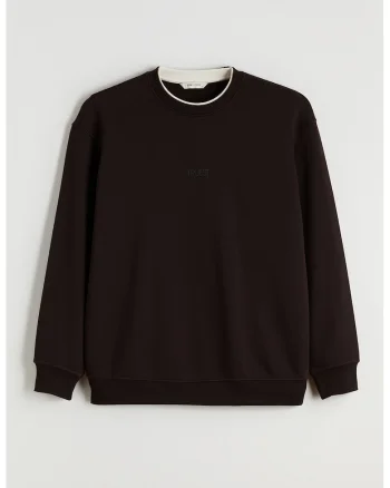 Bluza de trenimg cu croiala lejera si imprimeu text, Maro inchis