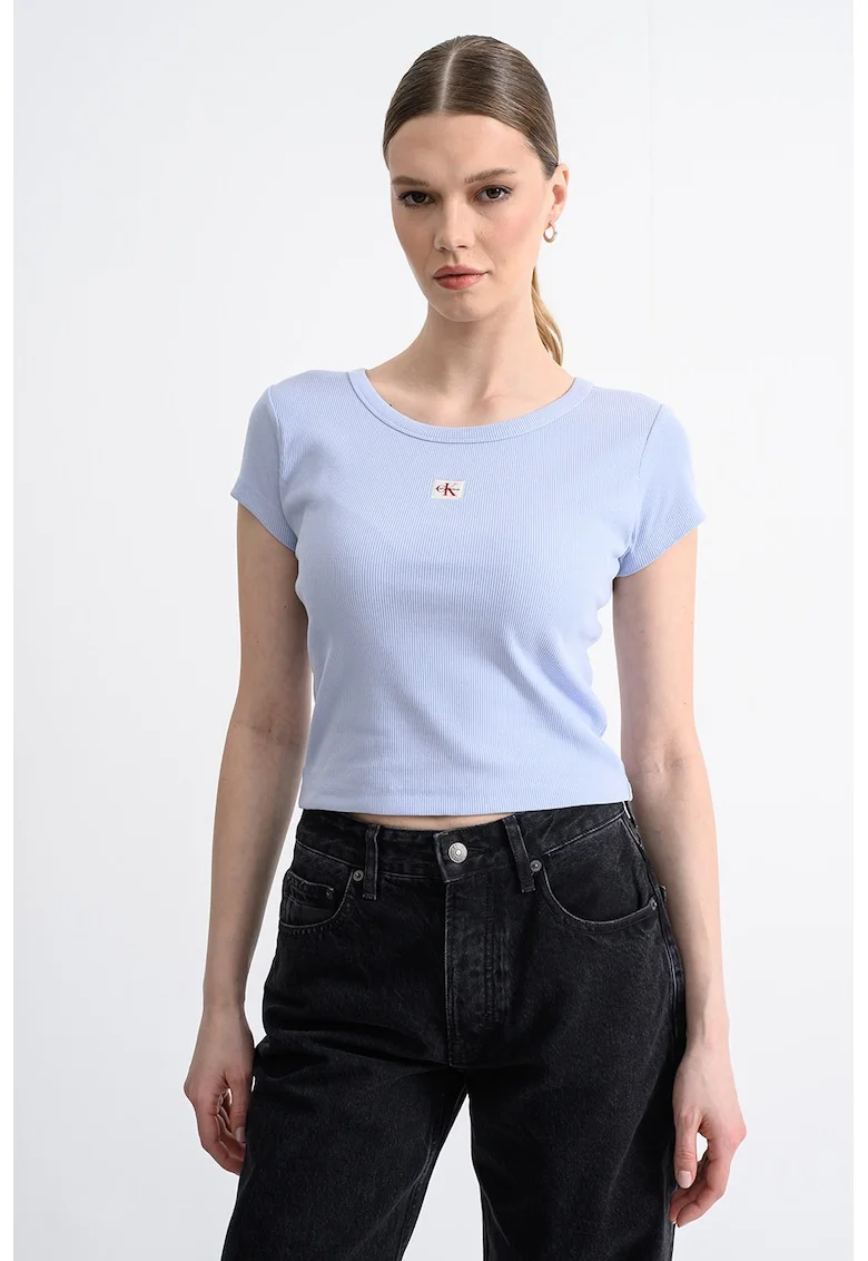 Tricou crop cu croiala slim fit, Albastru deschis