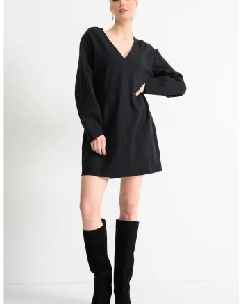 Rochie cu maneci lungi si decolteu in V, Negru