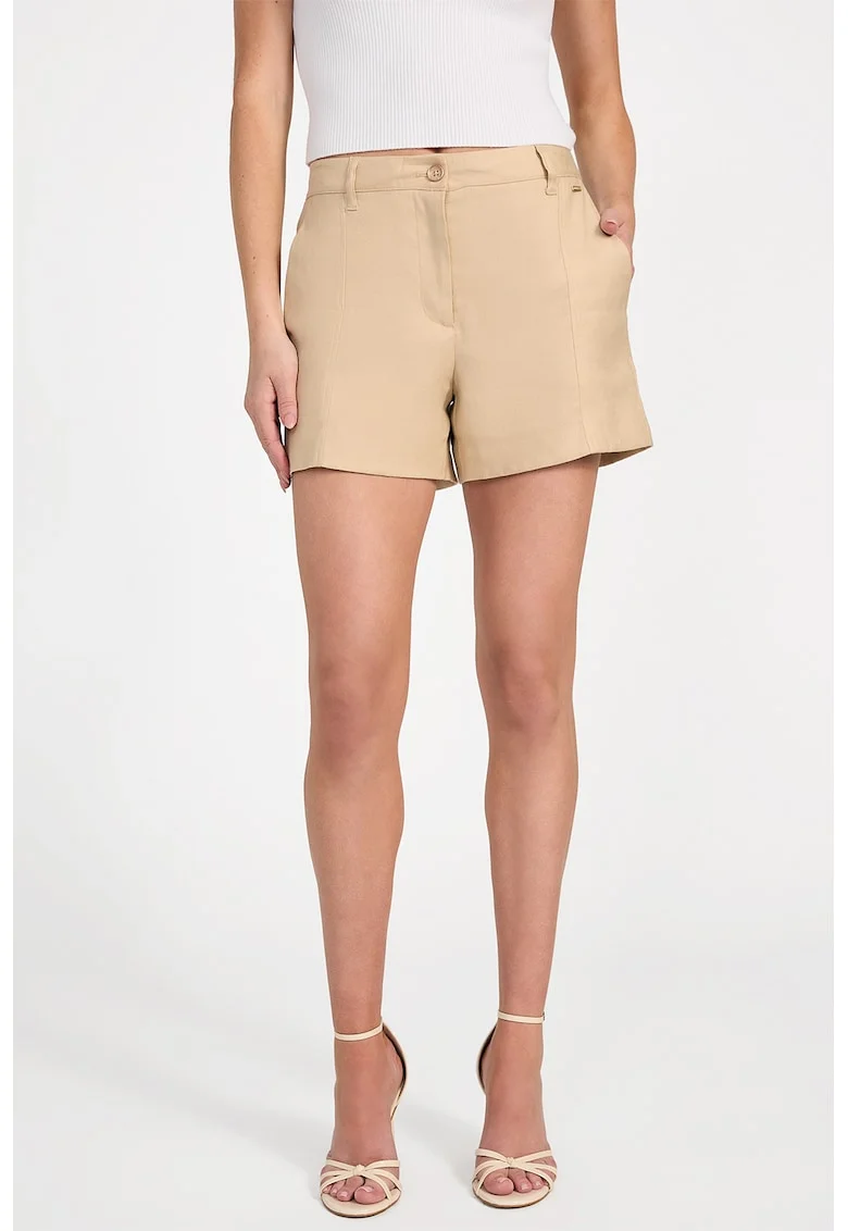 Pantaloni scurti din amestec de in si modal cu buzunare oblice, Bej inchis