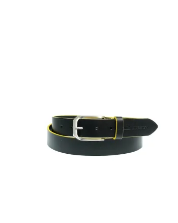 Curea din piele cu model uni si catarama metalica, Negru/Galben