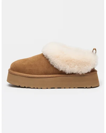 Ghete de piele intoarsa fara inchidere cu blana, Maro camel