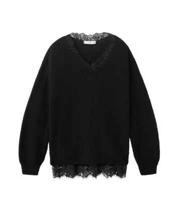 Pulover tricotat cu decolteu in V, Negru/Bej deschis