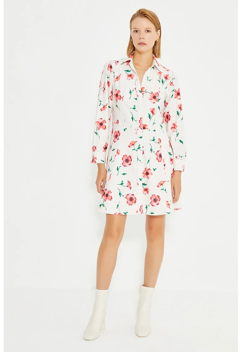 Rochie evazata cu imprimeu, Verde pal/Rosu deschis/Alb murdar